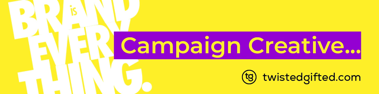 A vibrant and dynamic banner-style advertisement with a bold colour scheme. The text on the image reads "BRAND is EVERYTHING" in large, white, uppercase letters, slightly tilted and overlapping with alternating slides showcasing the different creative and design services offered by Twistedgifted, a creative, brand and website design agency in Manchester UK. The overall animation is promoting brand and creative services. The high-contrast colours and strong typography suggest a modern, energetic, and engaging style.