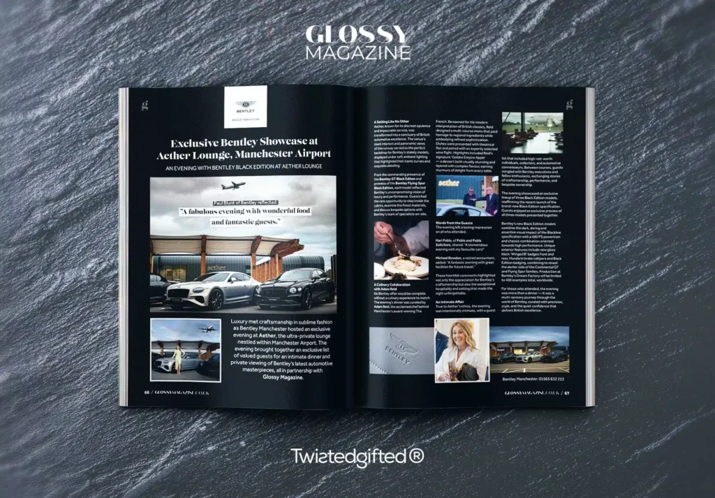 Glossy Magazine page design by Twistedgifted Creative Agency for Bentley and Aether Lounge.